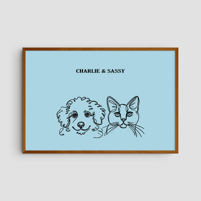 Custom Two Pet Line Art Portrait - Light Blue