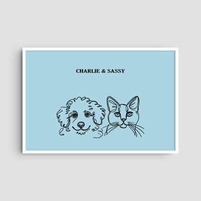 Custom Two Pet Line Art Portrait - Light Blue