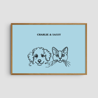 Custom Two Pet Line Art Portrait - Light Blue