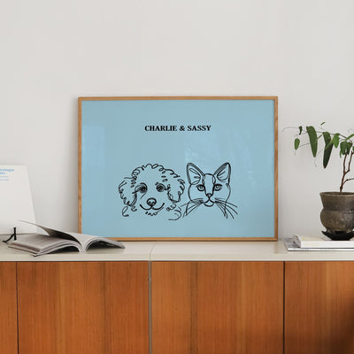 Custom Two Pet Line Art Portrait - Light Blue