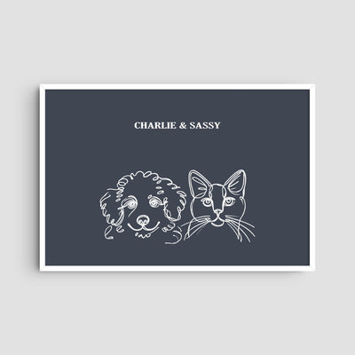 Custom Two Pet Line Art Portrait - Navy