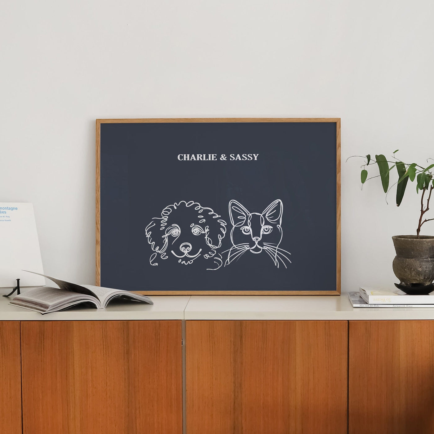 Custom Two Pet Line Art Portrait - Navy