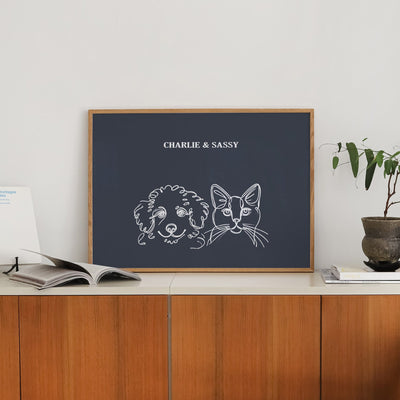 Custom Two Pet Line Art Portrait - Navy