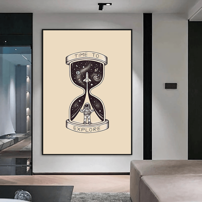 Time to Exploe wall art print, black and white hourglass with an astronaut and spaceship against a warm neutral background