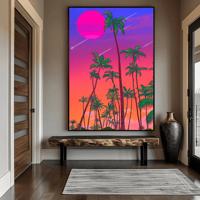 Tropical vibes wall art, neon pink sun and palm trees in a black frame hanging in a hallway above a wooden bench