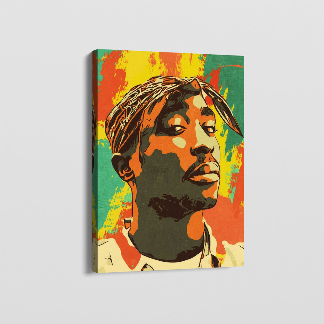 Tupac canvas wall art, vibrant retro watercolor portrait of the hip-hop legend