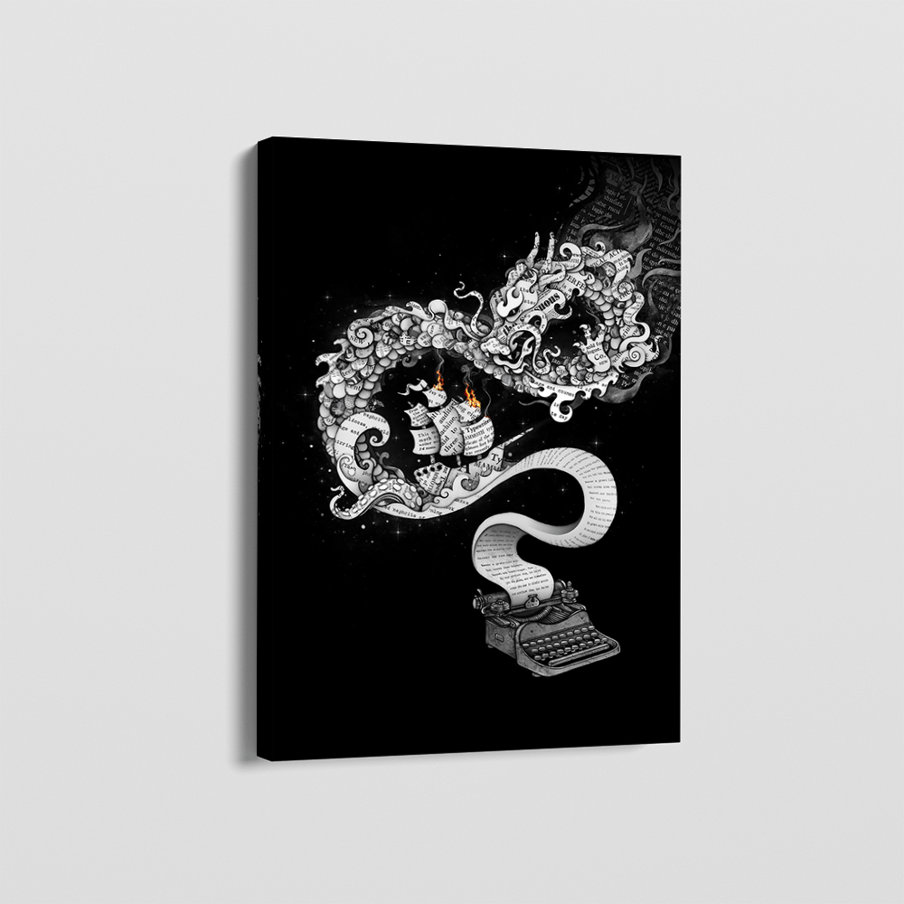 Unleashed Imagination wall art, vintage typewriter and dragon print with intricate monochrome linework