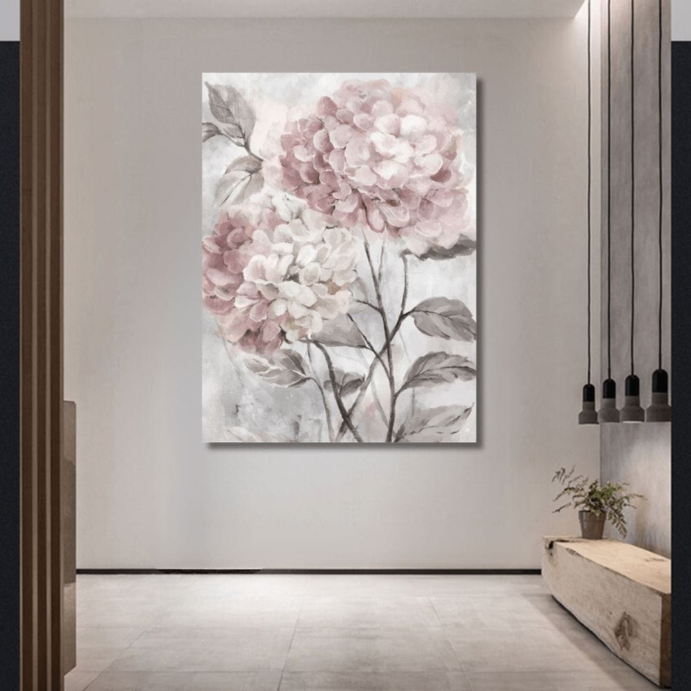 Soft Hydrangea floral painting wall art, pink and white hydrangea blossoms with grey leaves on a light background