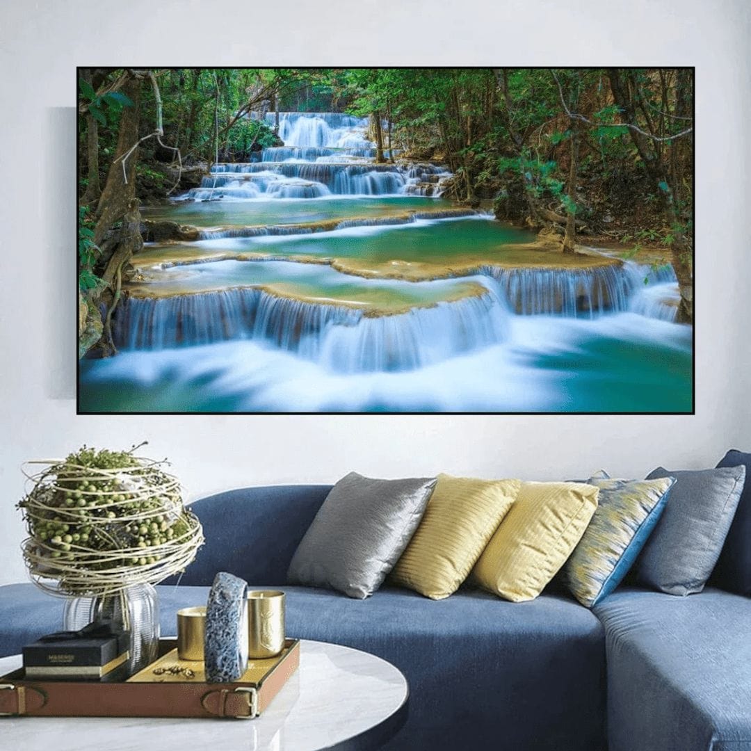 Blue and green forest waterfalls landscape wall art, cascading water over tiered tiers in a lush jungle