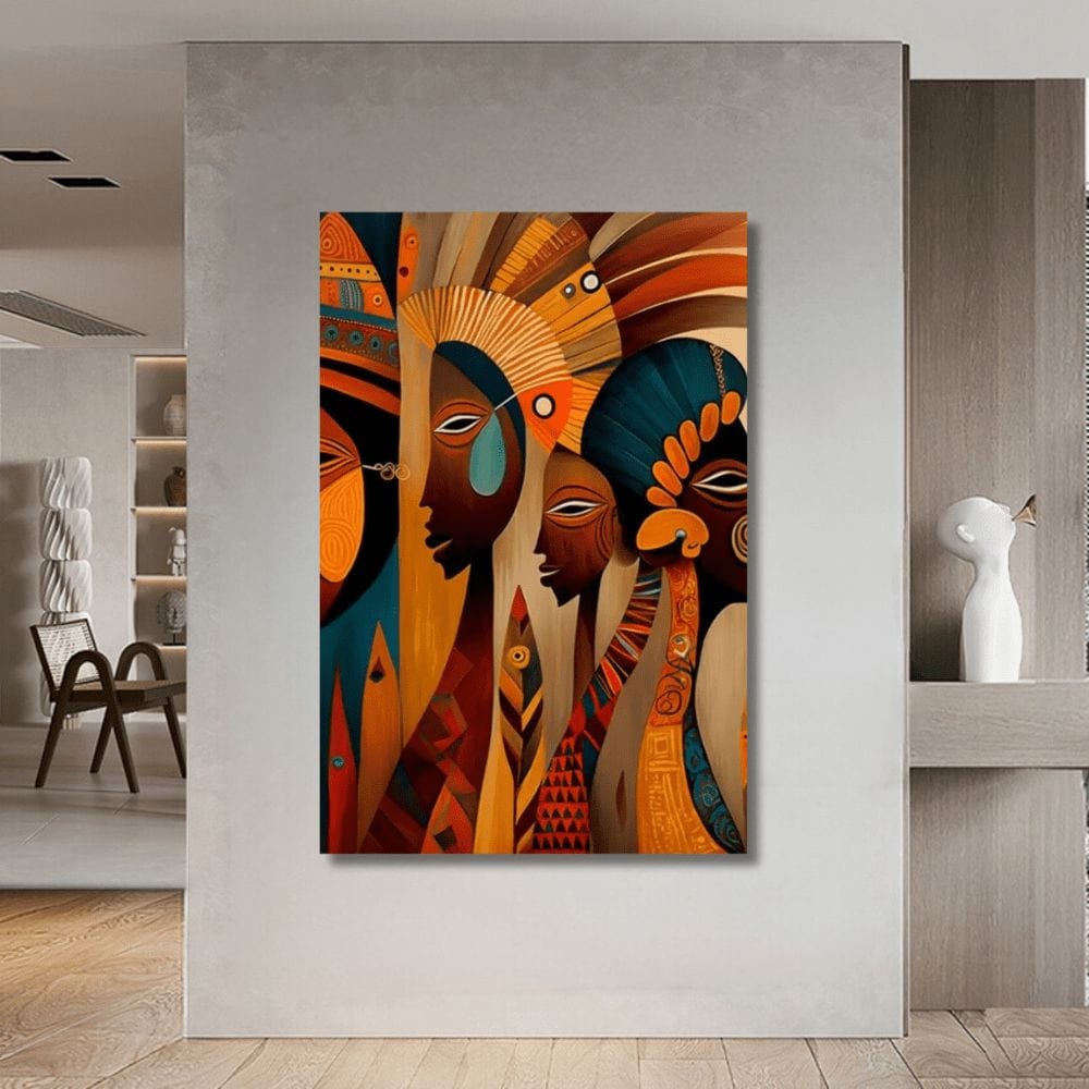 African women portrait wall art, colorful abstract illustration of native figures with intricate patterns
