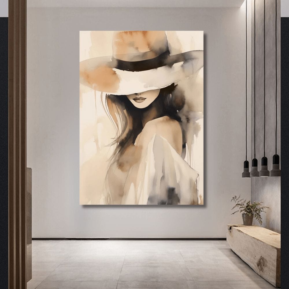 Brown watercolor woman in hat portrait wall art, abstract female face in beige and black tones on a white wall