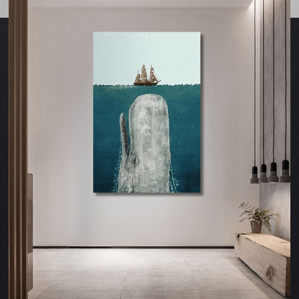 Nautical ocean wall art print, giant sperm whale surfacing below a sailing ship under a pale sky