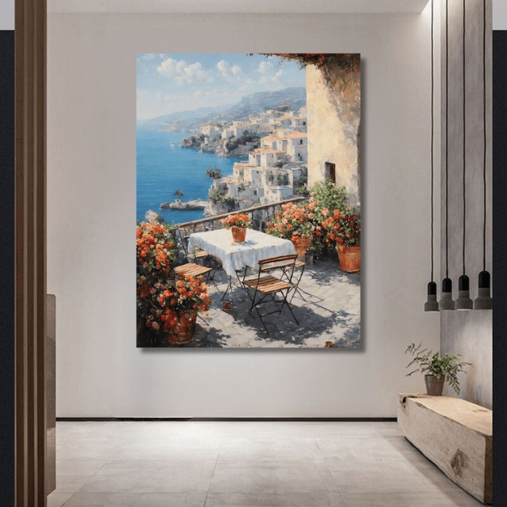 Santorini cliffside landscape painting wall art, blue sea view from a terrace with a table and flowers