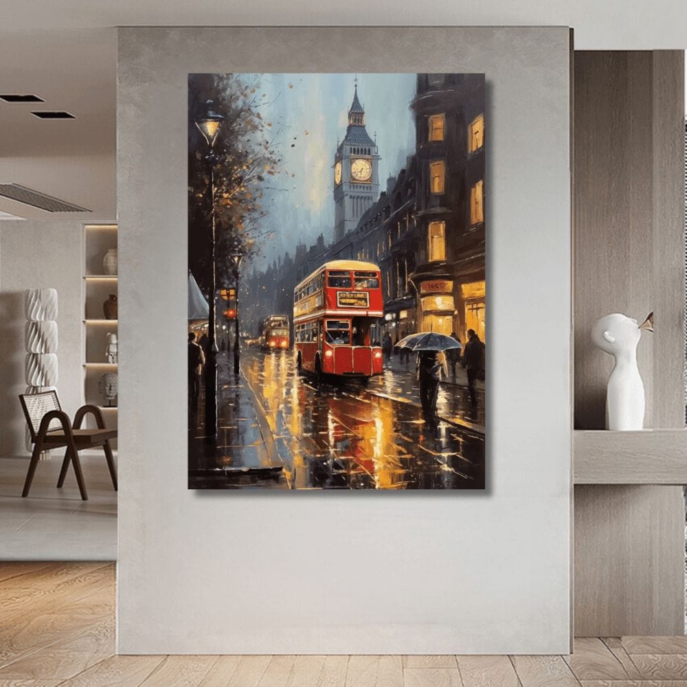 Rainy Nights in London wall art, painting of a London street at night with Big Ben and a red bus reflecting on wet pavement