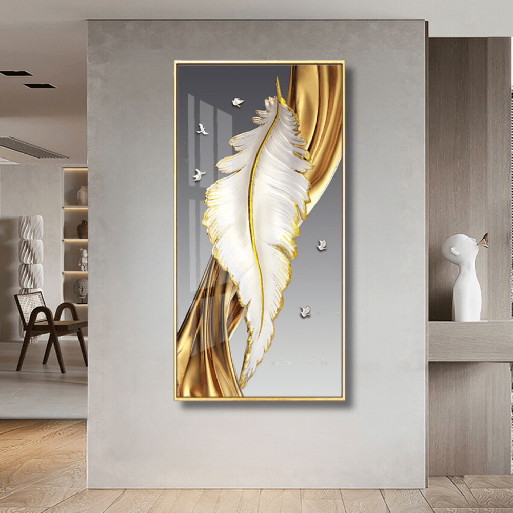 White and gold feather portrait wall art, detailed soft feather with flowing gold fabric and small birds on grey