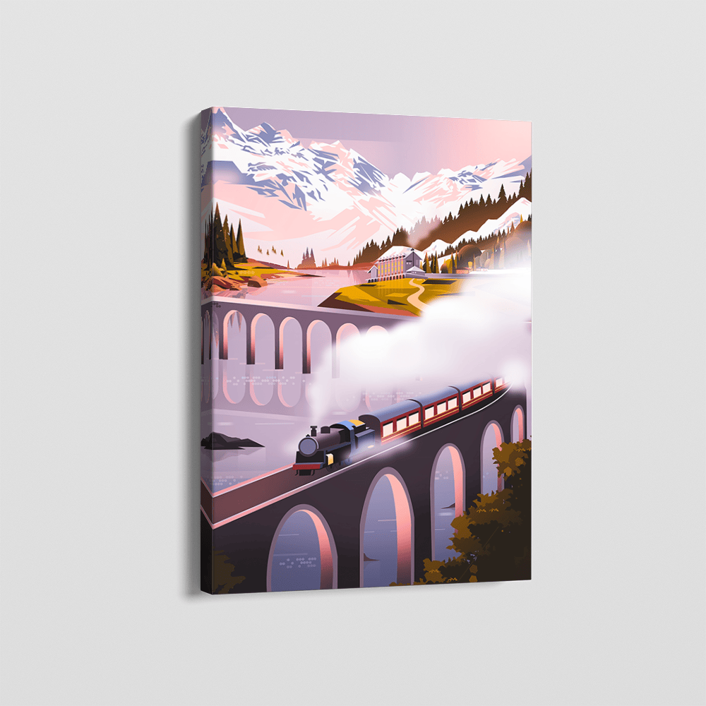 Vancouver Time Through The Rockies wall art, vintage steam train crossing a stone bridge in a mountain landscape painting