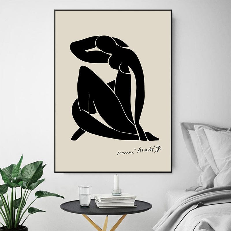 Abstract woman portrait wall art, minimal black shape on beige background with Matisse signature