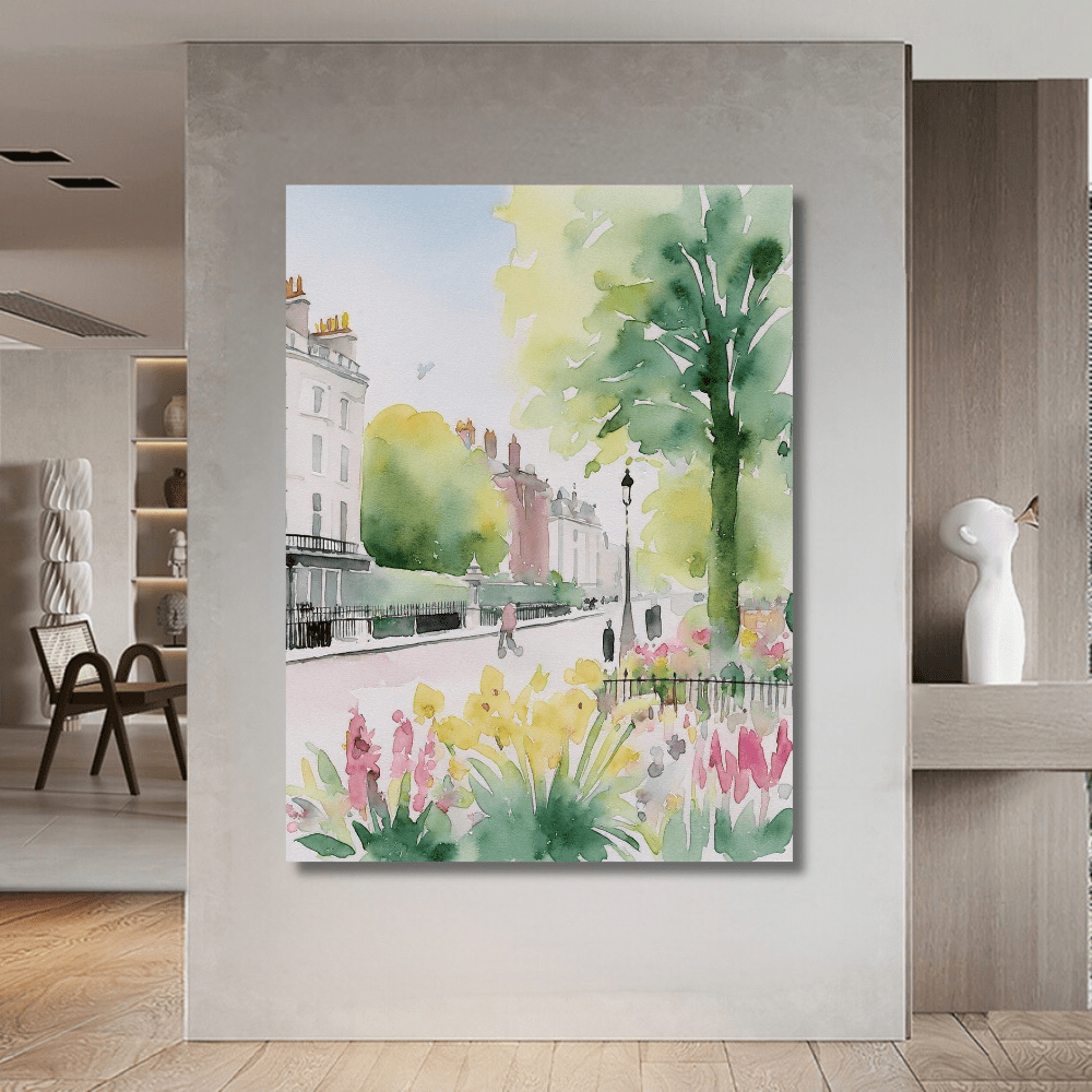 Watercolor city street landscape wall art, soft brushstrokes depicting townhouses and floral foreground