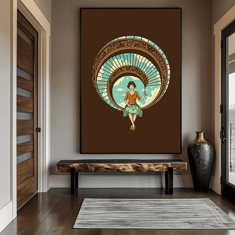 Vintage woman portrait wall art, solitary figure sitting within an ornate brown and turquoise spiral framing open sky