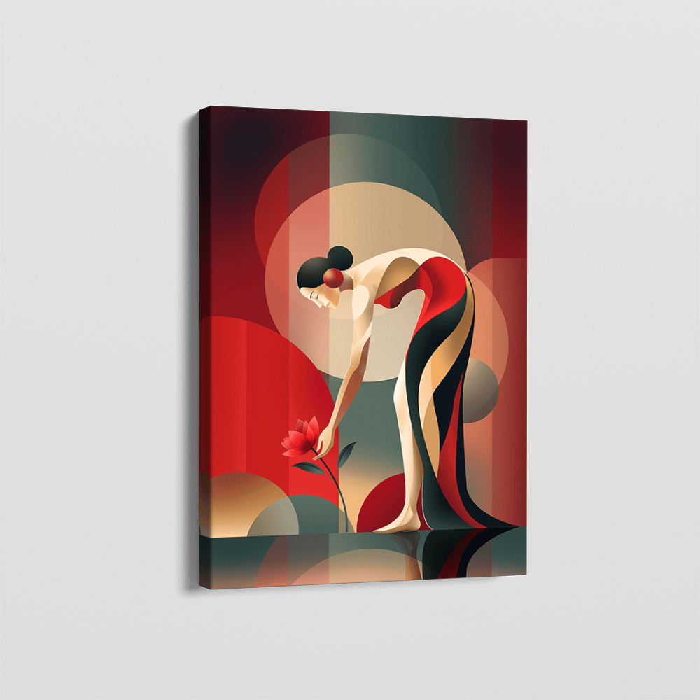 Abstract woman portrait wall art, figure bending toward a red flower with geometric circles in red, green and charcoal tones