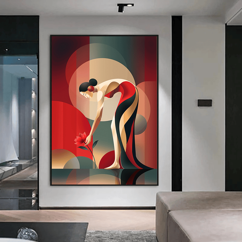 Abstract woman portrait wall art, stylized figure reaching for a crimson flower against geometric red and cream circles