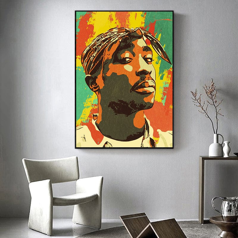 Tupac wall art, iconic hip hop portrait with vibrant retro watercolor hues in green, yellow and orange