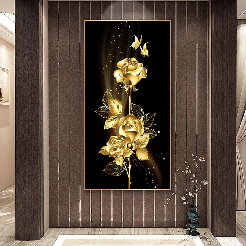 Gold roses floral wall art, golden roses and butterflies on a black background in a gold frame hanging in a hallway