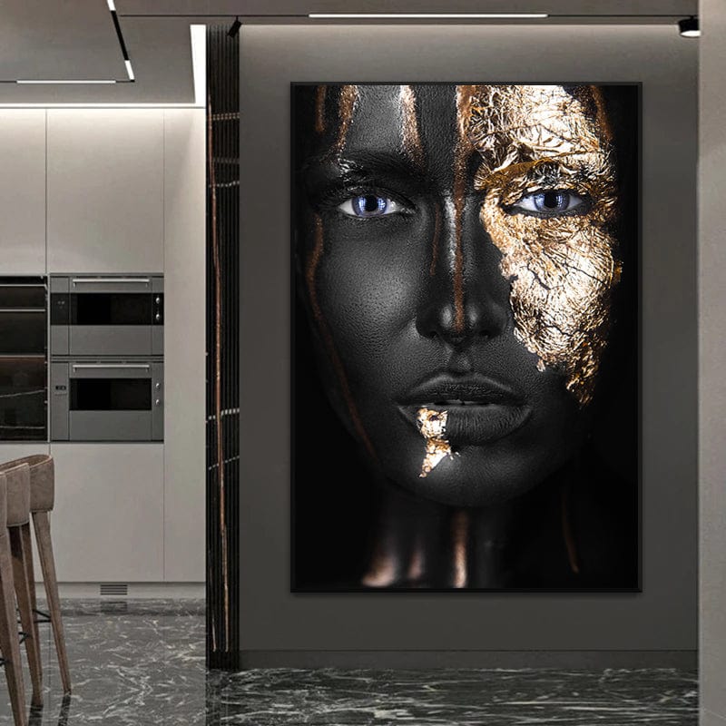Black woman portrait wall art, close up of a face with striking blue eyes and gold leaf accents on a dark background