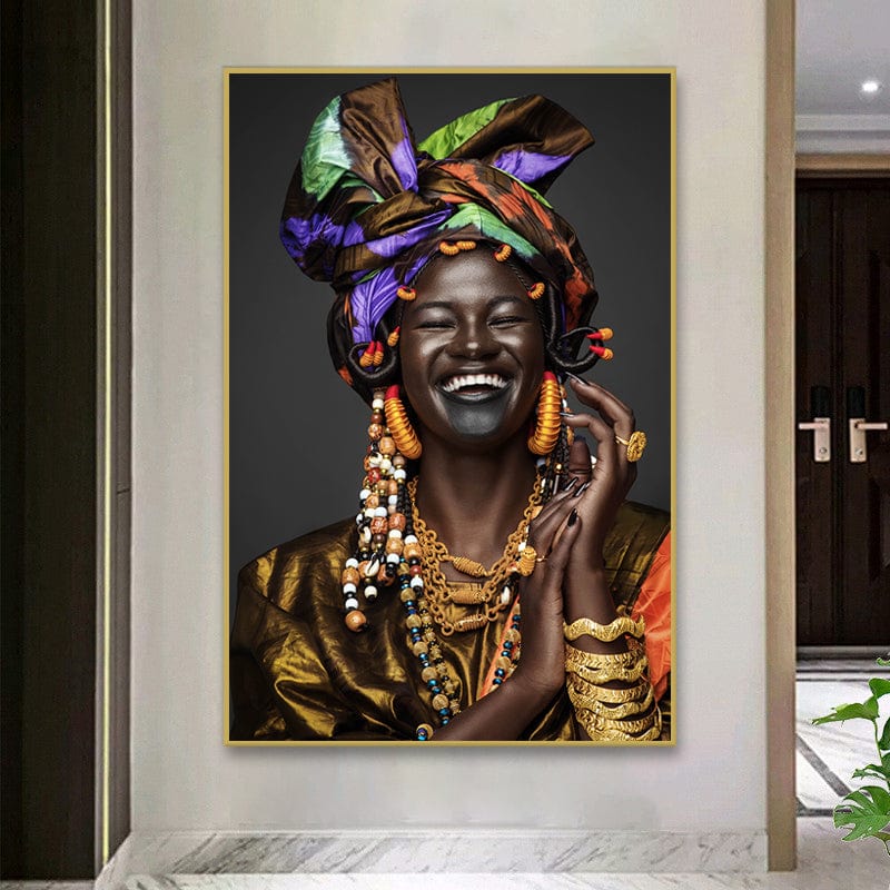 African woman portrait wall art, smiling female in a colorful headwrap, beads, and gold jewelry in a thin gold frame