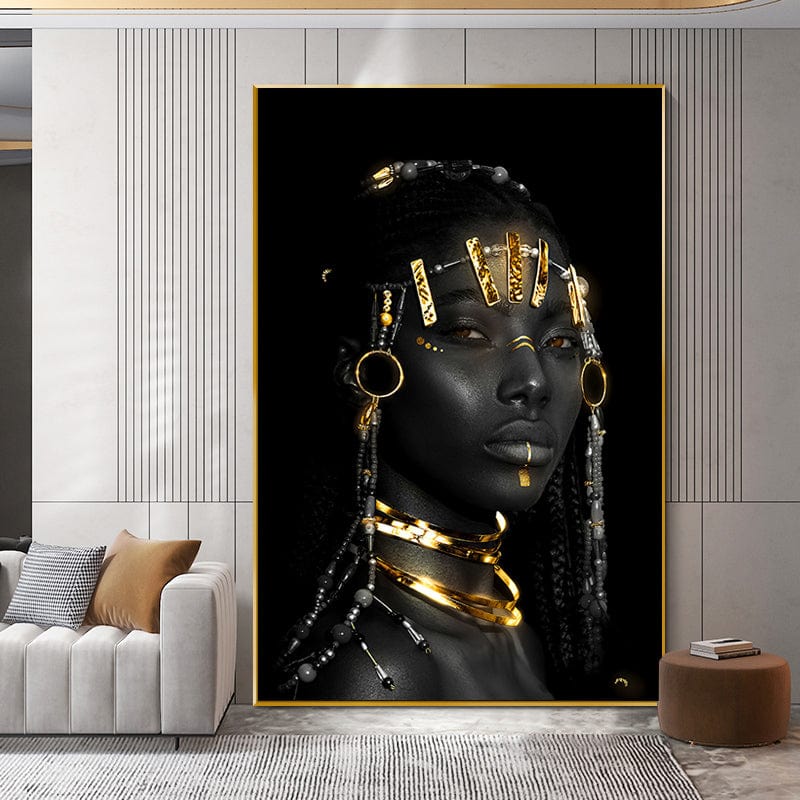 Black woman wall art, African woman with a gold headpiece, hoop earrings and stacked gold neck rings, in a living room