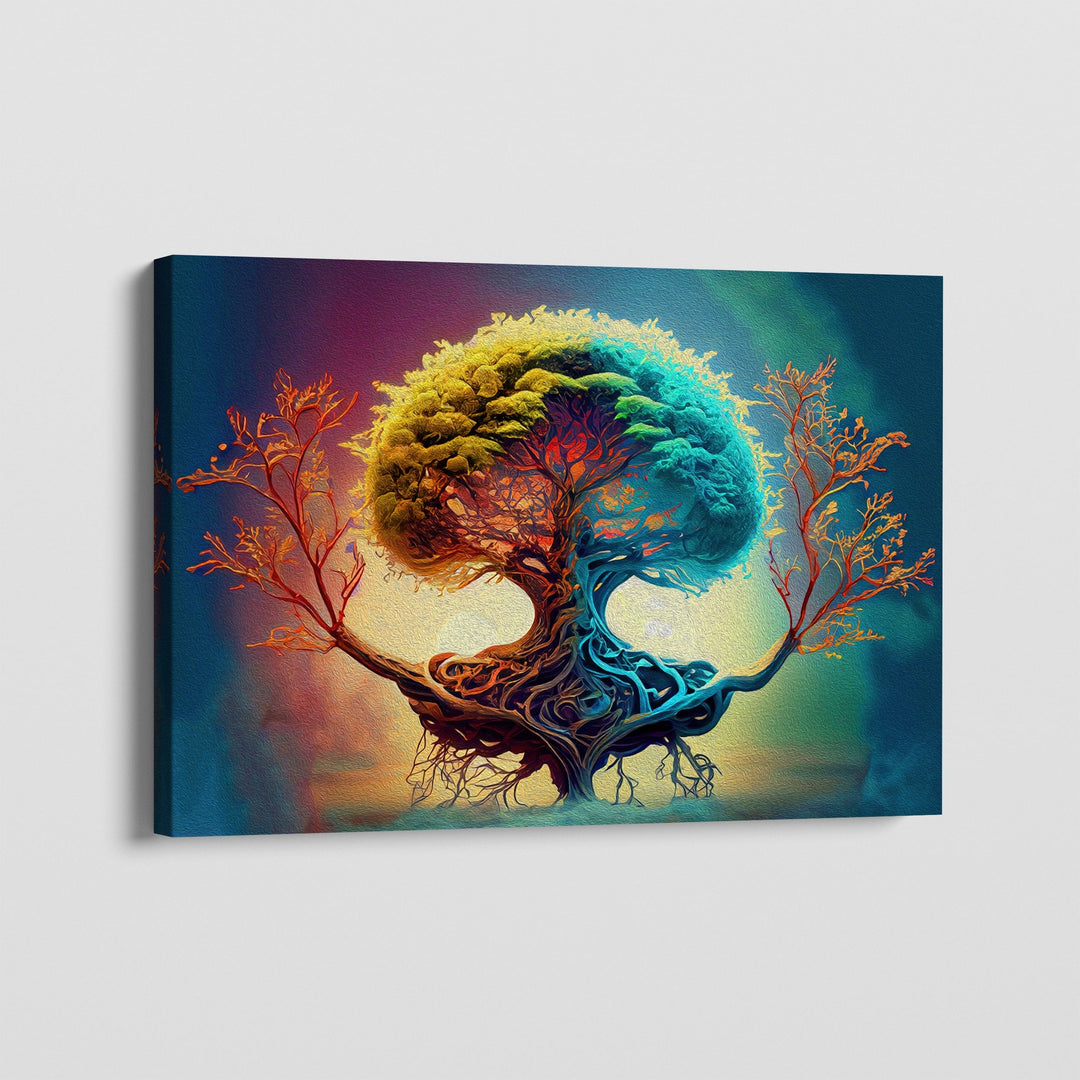Yggdrasil canvas wall art, vibrant mythic tree of life painting with blue, green, and orange colors