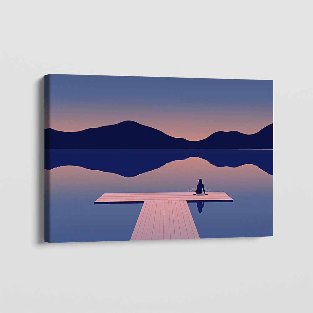 A Glassy Lake wall art, minimalist landscape painting of a woman sitting on a pier at sunset with soft blue and pink tones