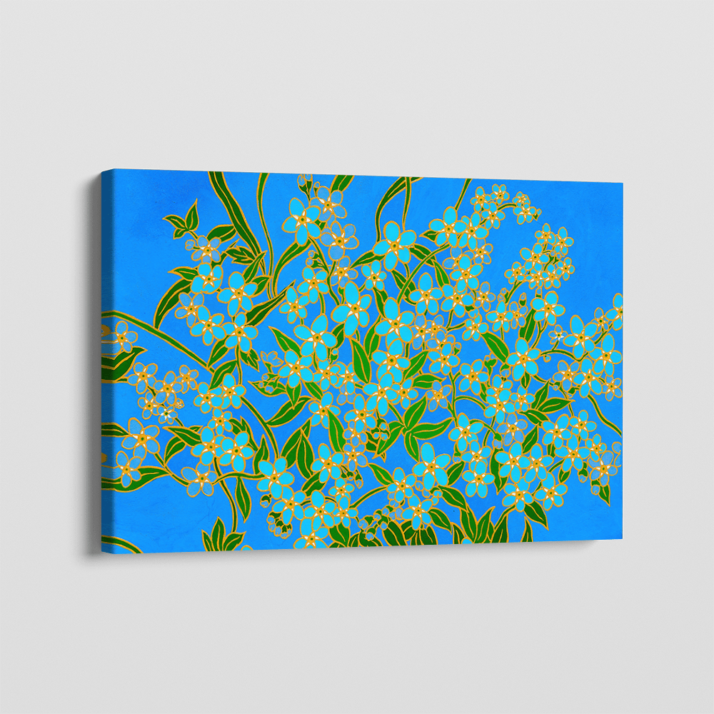 Blue botanical floral canvas wall art, pale blue blossoms with golden outlines and green leaves on a vivid blue background