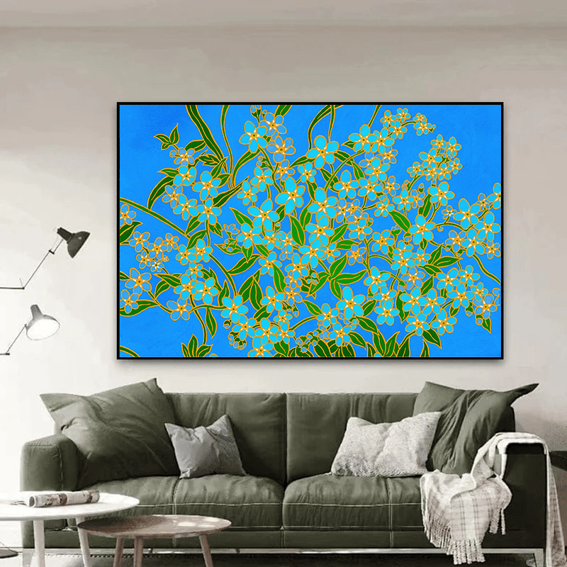 Botanical blue floral wall art, golden outlines of small pale flowers and green foliage on a vivid blue background
