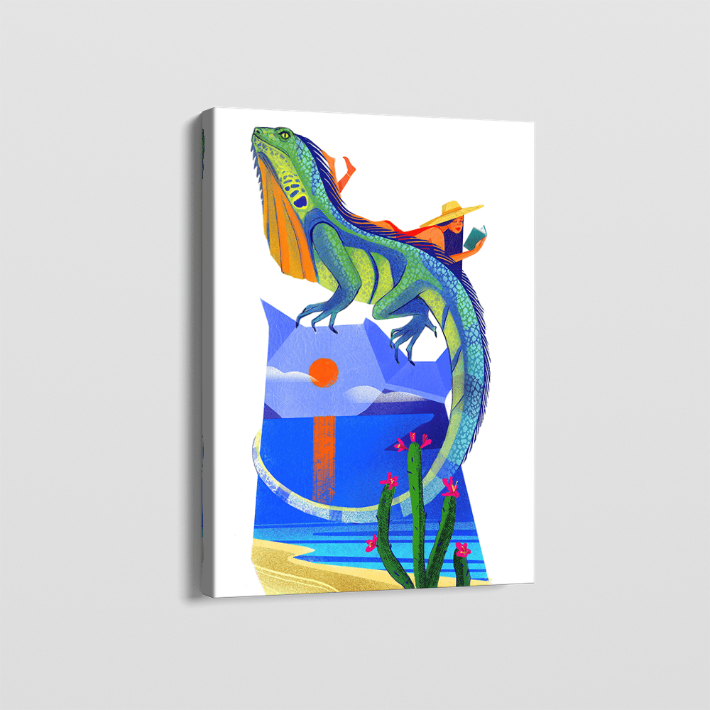 Surreal landscape wall art painting, giant green lizard with a small figure and cactus by the sea