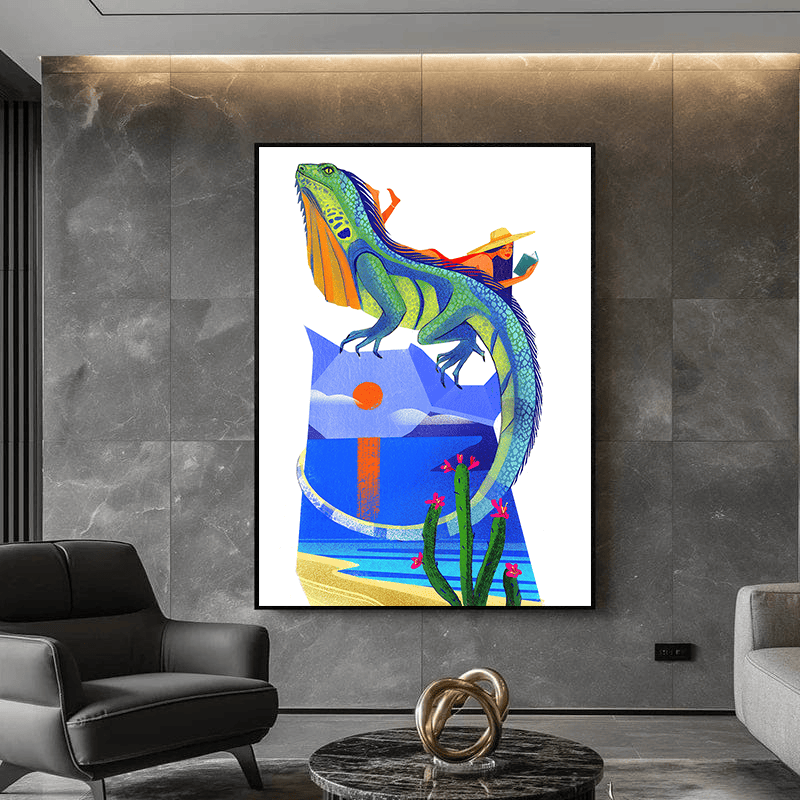Surreal landscape wall art print, vibrant blue and green illustration of a giant lizard carrying a traveler past mountains