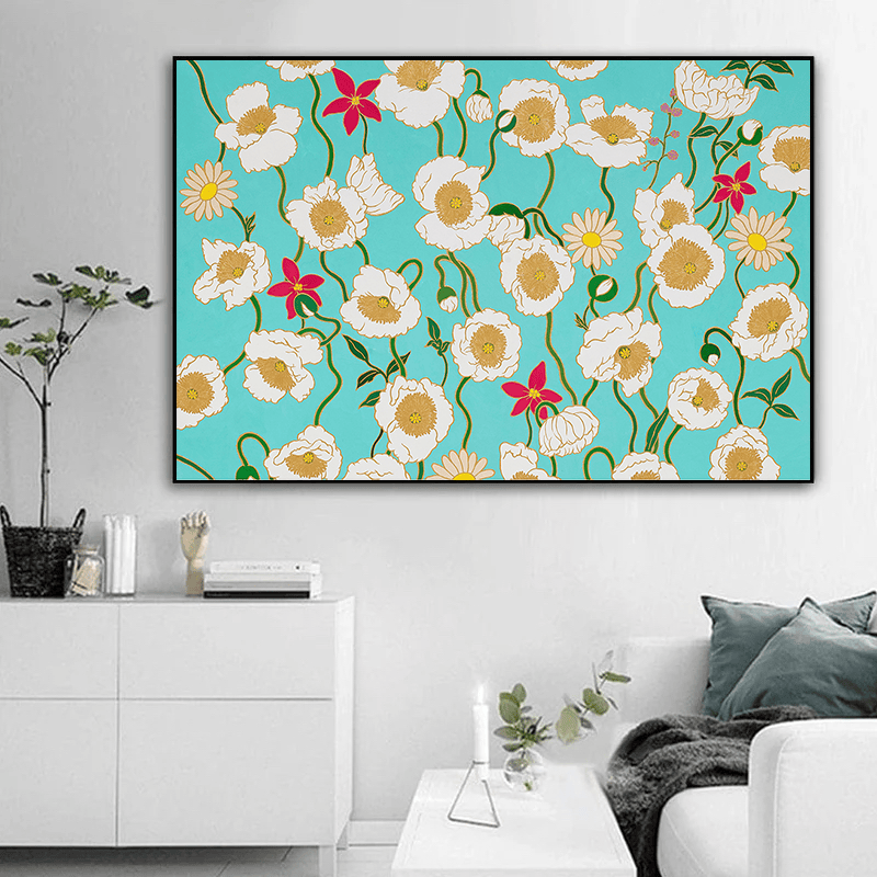 Turquoise floral landscape wall art, white and pink blossoms with gold centers and green stems on a bright blue background