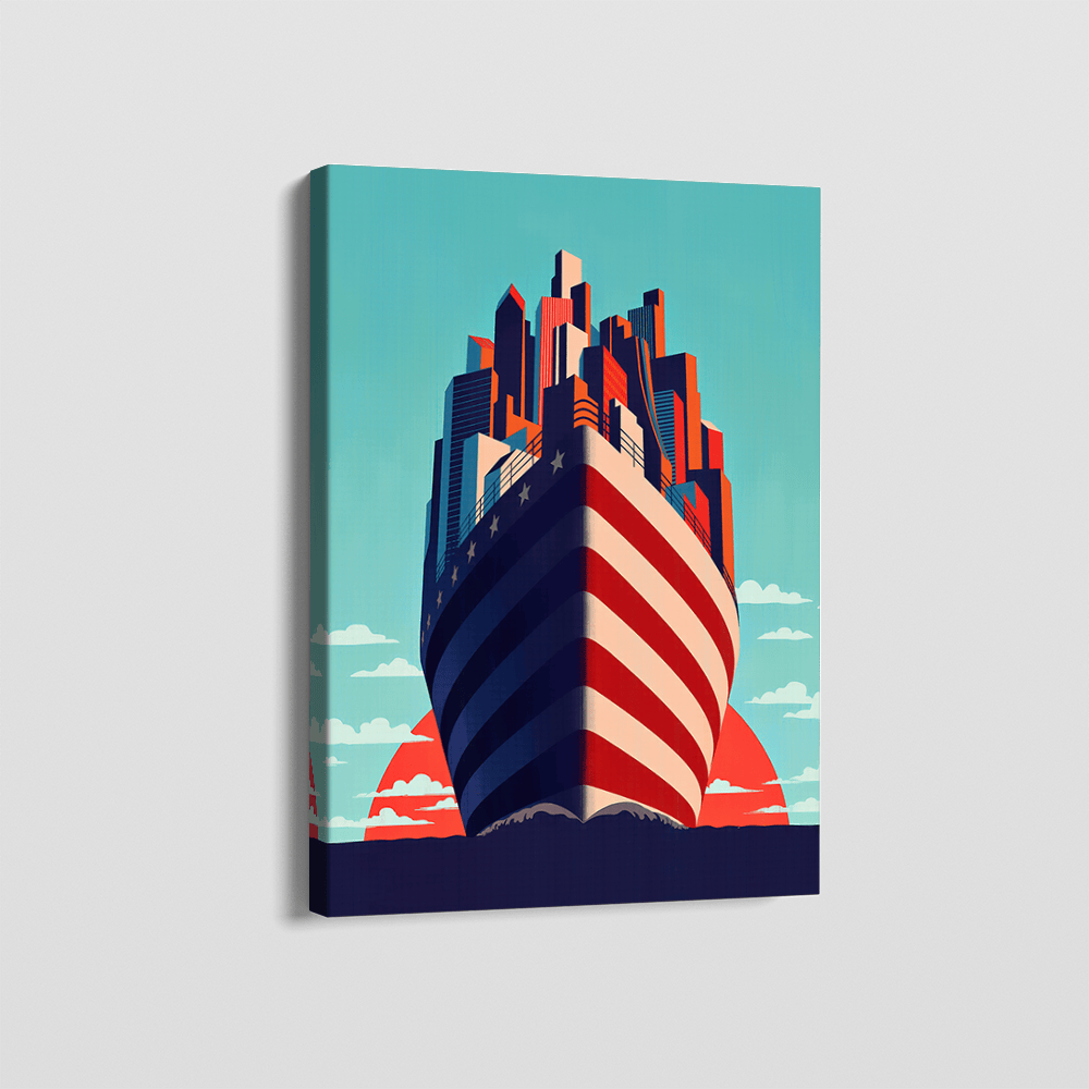 Symbolic city skyline ship illustration wall art, red white and blue graphic design on stretched canvas