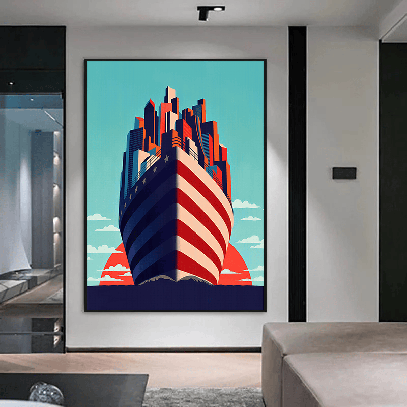 Framed patriotic ship wall art with red, white and blue details above a sofa in a modern apartment