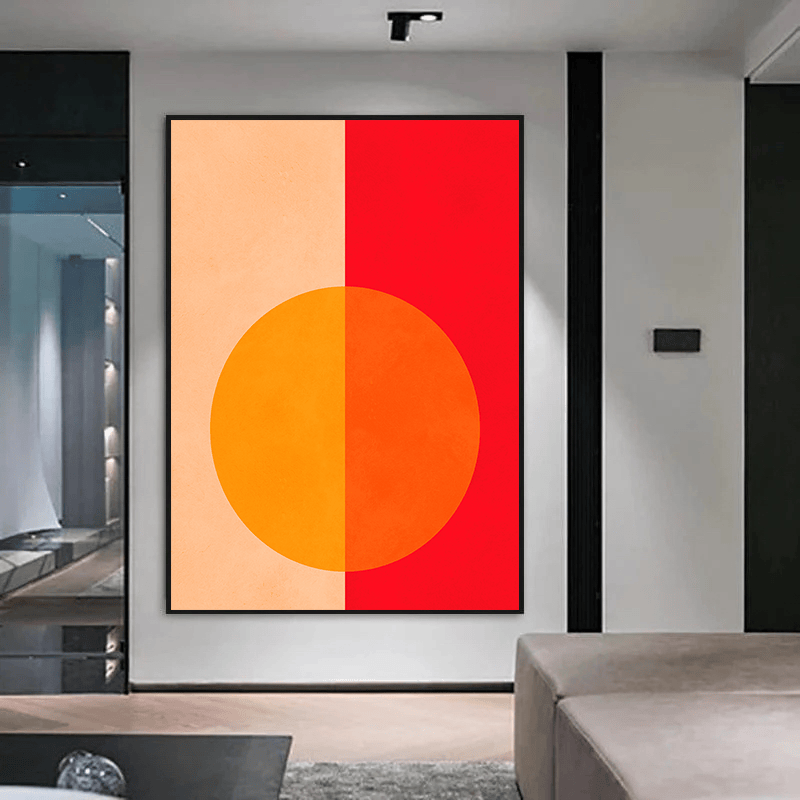 Abstract color block circle wall art, geometric peach and red composition with a central orange circle