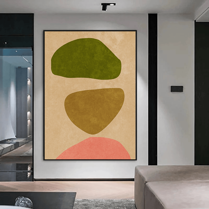 Abstract organic shapes wall art, minimalist green, ochre and coral forms on a textured background