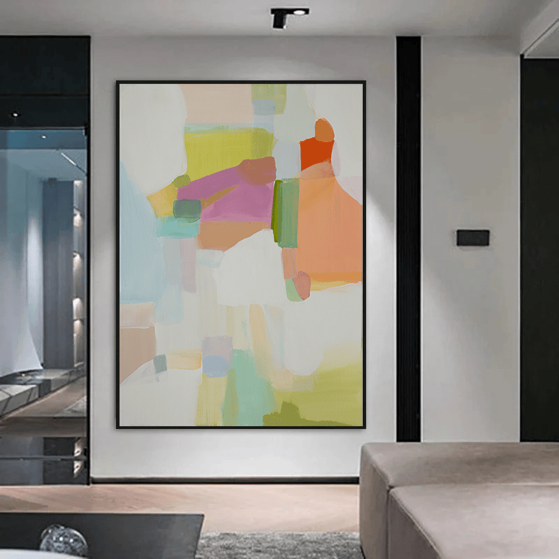 Abstractly Pastels wall art, pastel geometric painting with soft blocks of color and translucent shapes