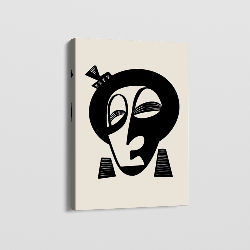 Afro Royalty portrait wall art, bold black silhouette and linear details on an ivory canvas