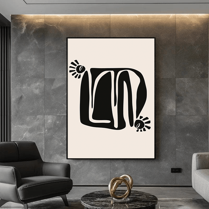 Abstract portrait wall art, bold black shape with slender ivory lines on a warm ivory ground in a black frame