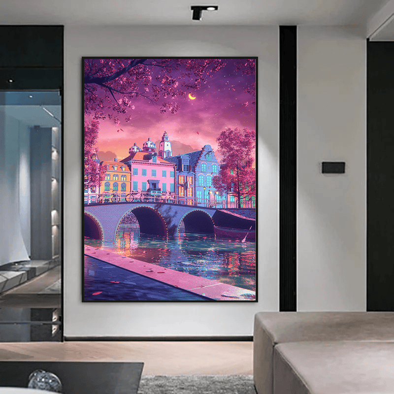 Canal landscape wall art, pastel city buildings over a bridge with cherry blossoms and a violet sky