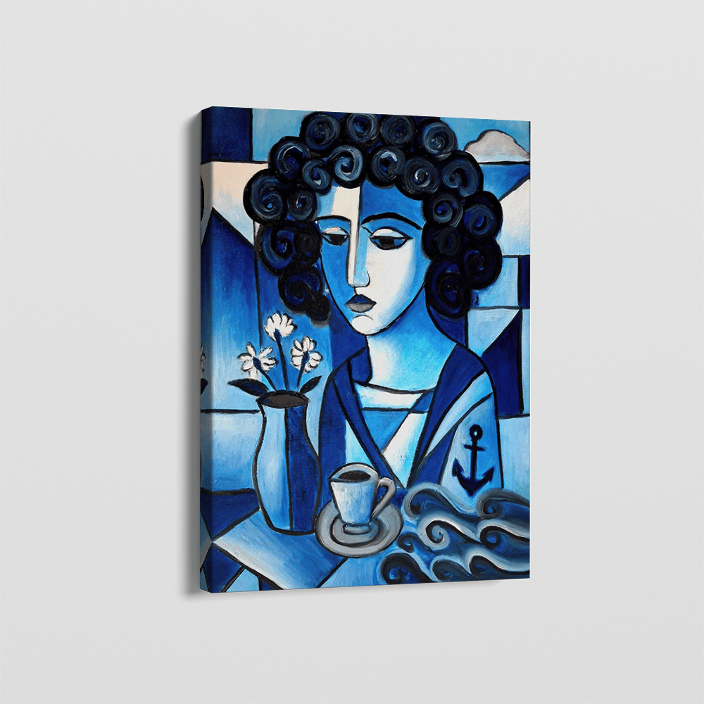 Anchor of Memory wall art, abstract blue portrait of a woman with flowers and coffee cup
