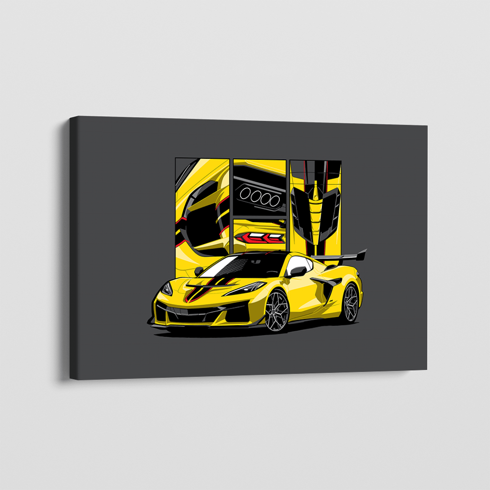 Apex One wall art, yellow sports car canvas with vertical panel details on charcoal grey