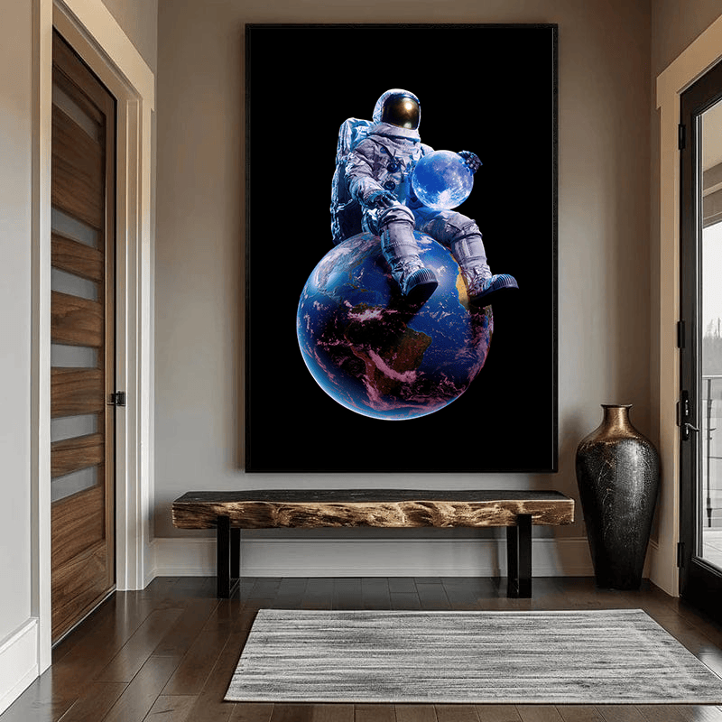 Astronaut holding blue moon wall art, cosmic space portrait on a black background