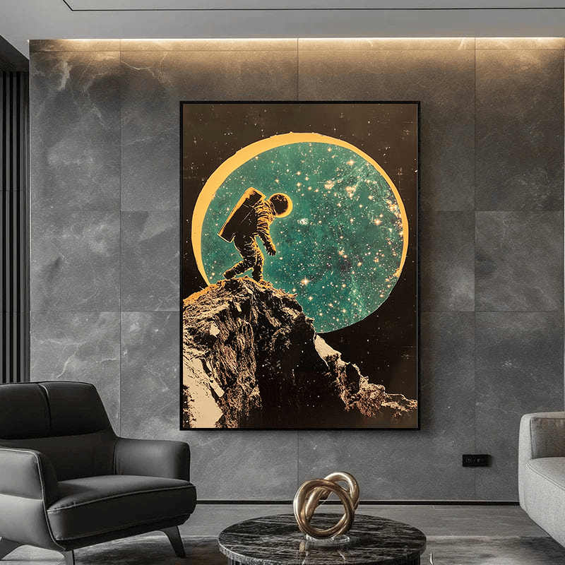 Astronaut s Cosmic Ascent wall art, lone space explorer on a cliff beneath a glowing celestial sphere with turquoise stars