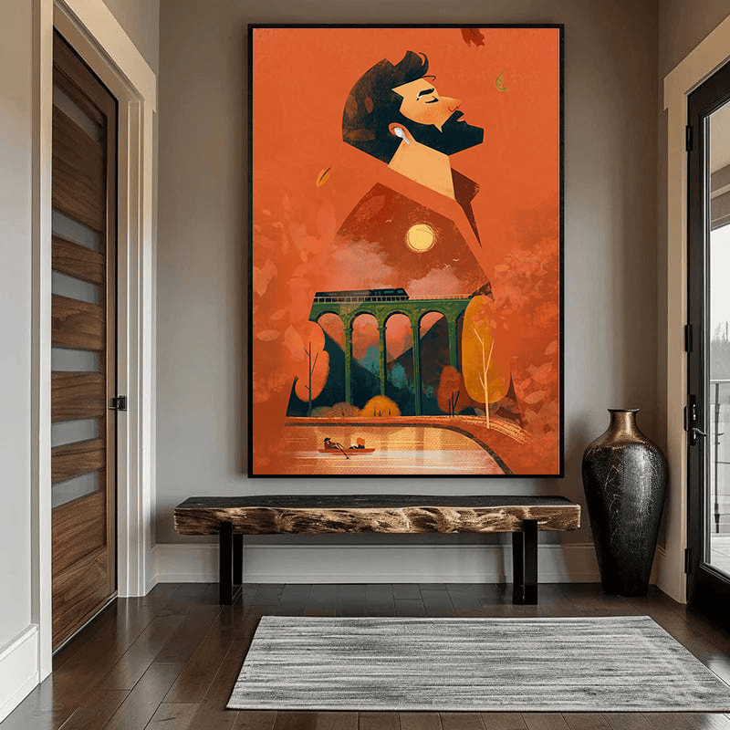 Autumn Song wall art, orange autumn landscape portrait with a man and bridge scene